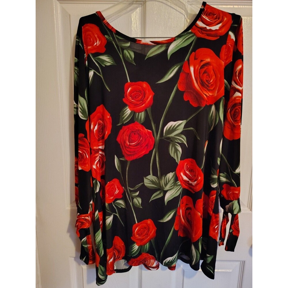 Now N Forever Women’s 1X Black Floral Scoop Neck Long Sleeve Tunic Blouse Top